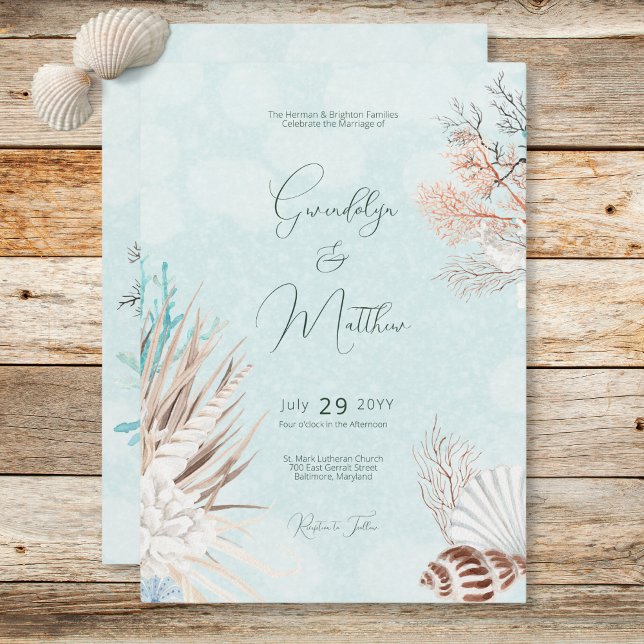 Modern Aqua Oceanen Snäcka Bröllop Inbjudningar (Modern Aqua Ocean Shells Wedding Invitation)