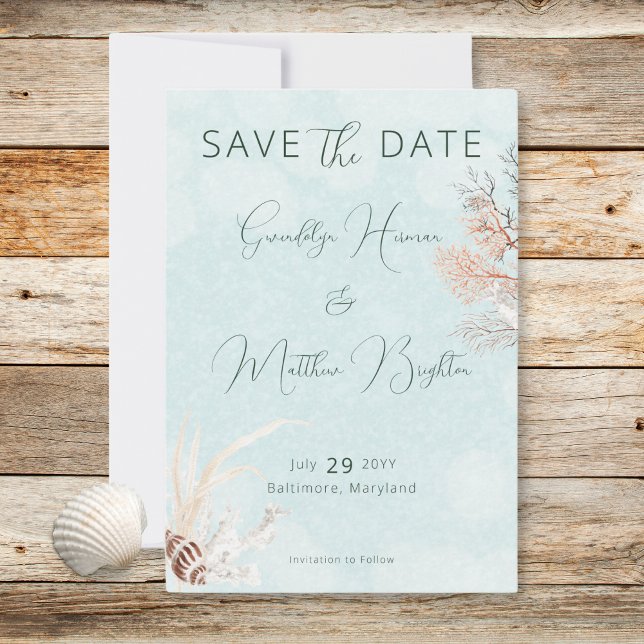 Modern Aqua Oceanen Snäcka Bröllop Spara Datumet (Modern Aqua Ocean Shells Wedding Save The Date)