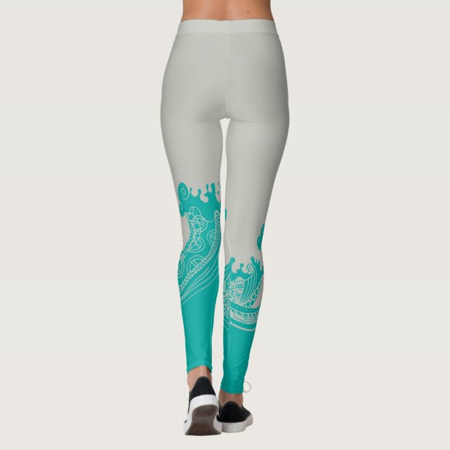 Modern Aqua och Grått Vågar Leggings (Baksida)