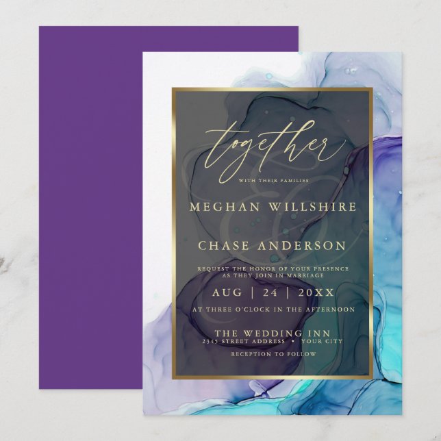 Modern Aqua Teal Deep Lila Alcohol Bläck Inbjudningar (Fram/baksida)