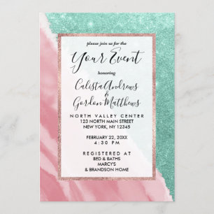 Modern Aqua Teal Rosa Glitter Watercolor Beach Inbjudningar