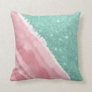 Modern Aqua Teal Rosa Glitter Watercolor Beach Kudde