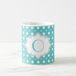 Modern aqua, vit polka punkt mönster monogram kaffemugg