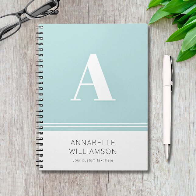 Modern aqua white monogram, enkel bärbar dator anteckningsbok (Modern simple minimalist monogram notebook with customizable text in mint aqua and white.)