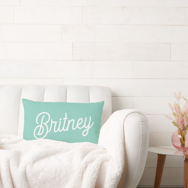 Modern Aqua White Monogram och Namn Lumbarkudde (Soffa)