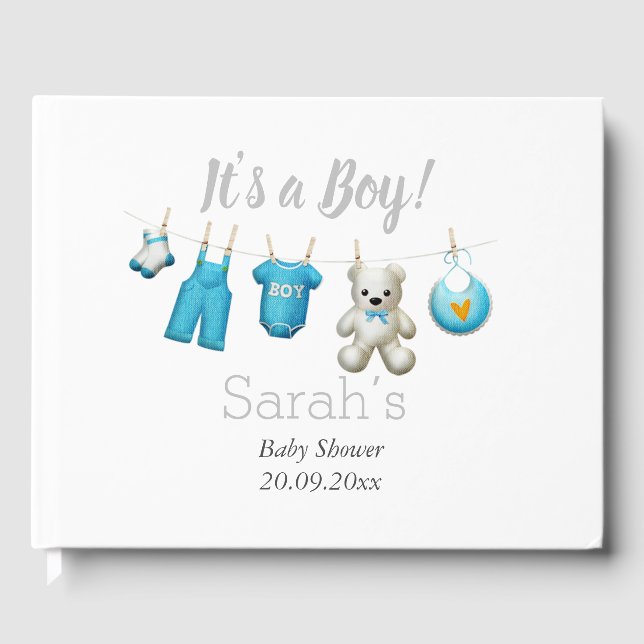 Modern är en Boy Cute Blue Grått Baby Shower Gästböcker (Framsida)