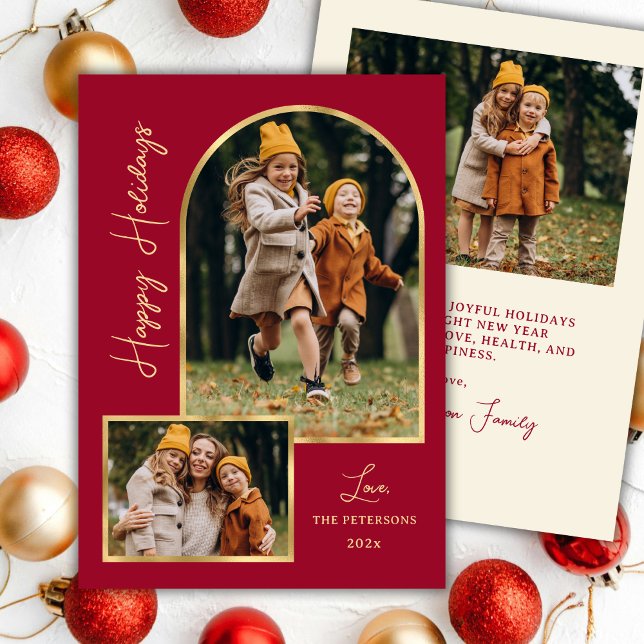 Modern Arch 3 Photo Burgundy Happy Holiday Card  Julkort (Skapare uppladdad)