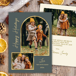 Modern Arch 3 Photo Green Happy Holiday Card  Julkort