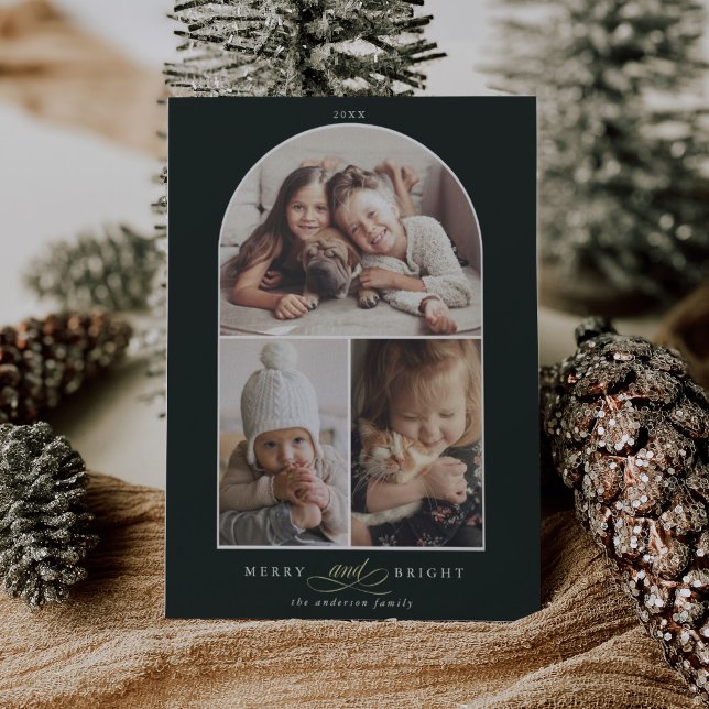 Modern Arch 3 Photo Merry & Bright Grönt Julkort (Skapare uppladdad)