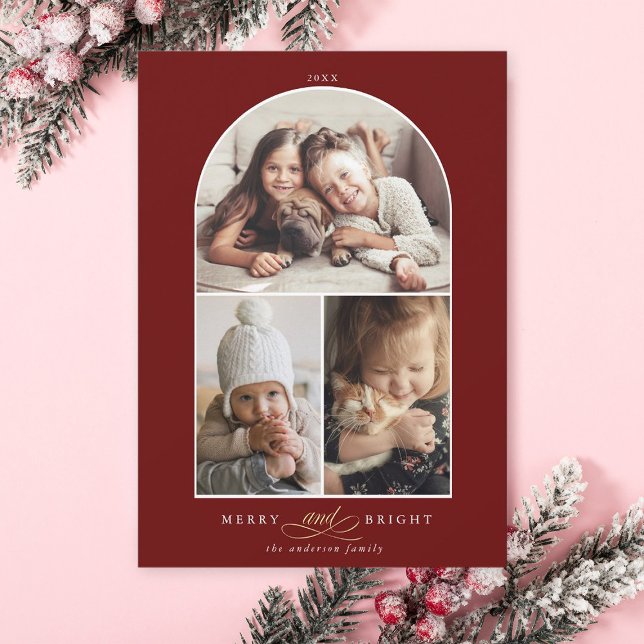 Modern Arch 3 Photo Merry & Bright Red Julkort (Skapare uppladdad)