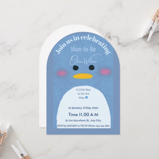 Modern Arch Blue Penguin Baby Shower Invitation |  Inbjudningar (Fram/Back In Situ)