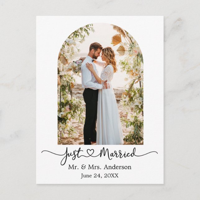 Modern Arch Calligraphy Heart Photo Ny gifta Vykort (Framsida)