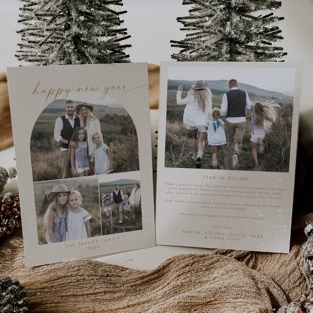 Modern Arch | Cream New Year Photo Collage Family Julkort (Skapare uppladdad)