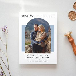 Modern Arch Dusty Blue Bröllop Photo Spara Datumet