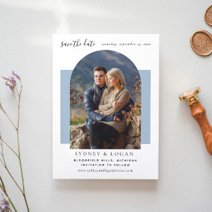 Modern Arch Dusty Blue Bröllop Photo Spara Datumet