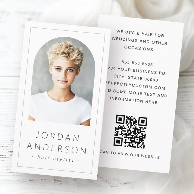 Modern arch-fototunn gräns QR-kodvit Visitkort (Modern arch photo thin border QR code white Business Card)