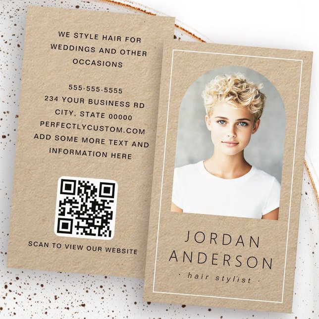 Modern arch-fototunnare gräns QR-kod Kraft papper Visitkort (Modern arch photo thin border QR code Kraft paper Business Card)