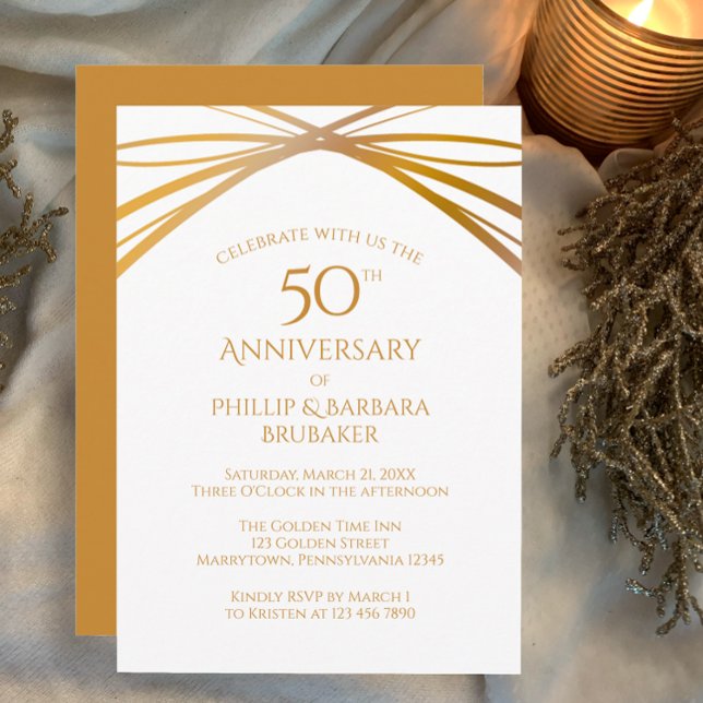 Modern Arch Golden 50:e Bröllop-årsdagen Party Inbjudningar (Custom 50th wedding anniversary party invitation modern simple elegant arches golden tan on white.)