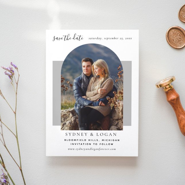 Modern Arch Grått Bröllop Photo Spara Datumet (Skapare uppladdad)