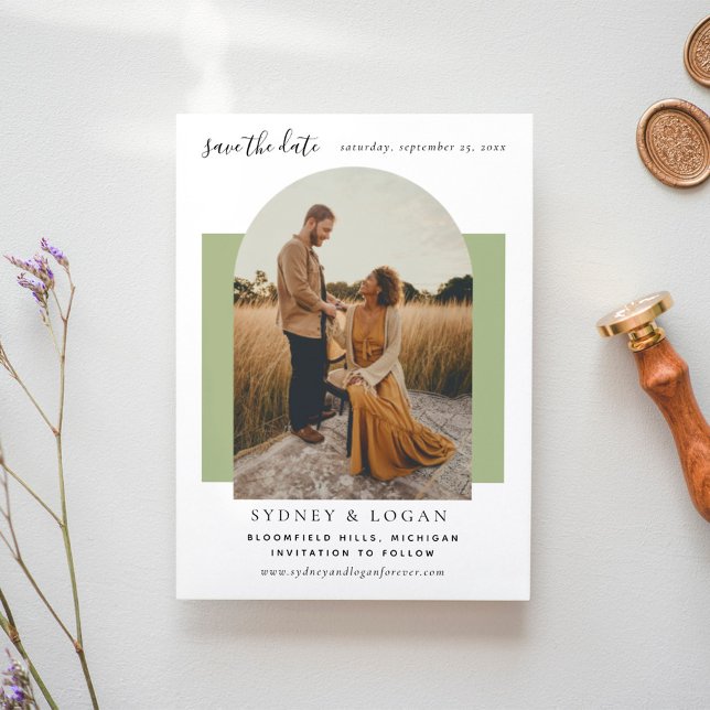 Modern Arch Grönt Bröllop Photo Spara Datumet (Skapare uppladdad)