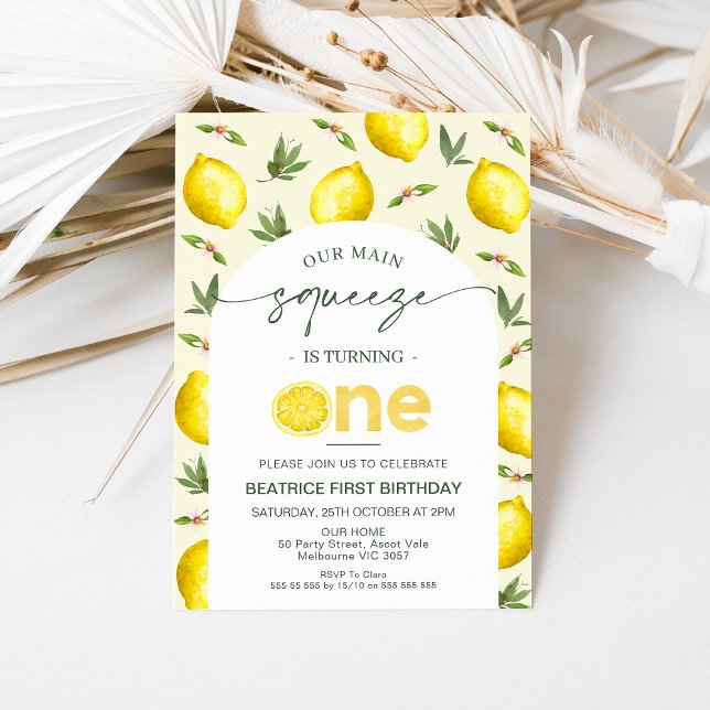 Modern Arch Lemon - vår viktigaste Squeeze 1:a föd Inbjudningar (Our MAIN SQUEEZE 1st Birthday Invitation Modern Arch Lemonade Birthday Party Invitation Lemons)