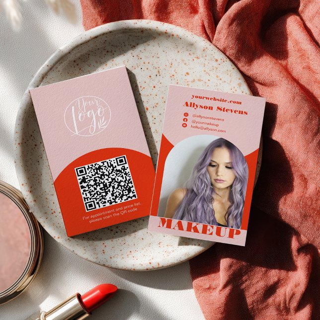 Modern arch makeup blush red photo qr code logo visitkort (Modern arch makeup blush red photo qr code logo business card)