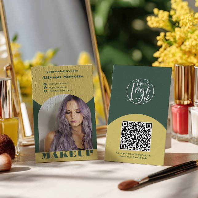Modern arch makeup yellow green photo qr code logo visitkort (Modern arch makeup yellow green photo qr code logo business card)