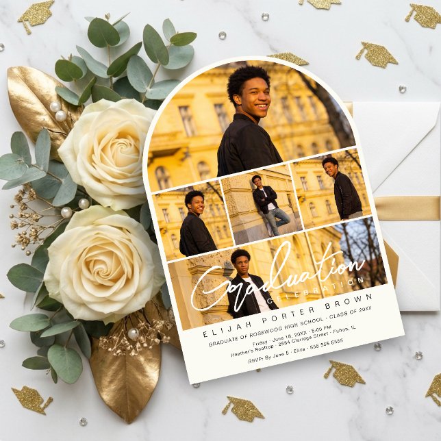 Modern Arch Multi Photo Collage Graduate TMF26 Inbjudningar (Modern Arch Multi Photo Graduate Celebration Invitation with Stylish Five Photo Collage Layout.)