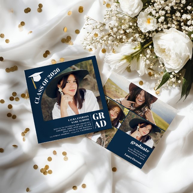 Modern arch navy blue 5 photos graduation inbjudningar (Modern arch navy blue 5 photos graduation invitation)