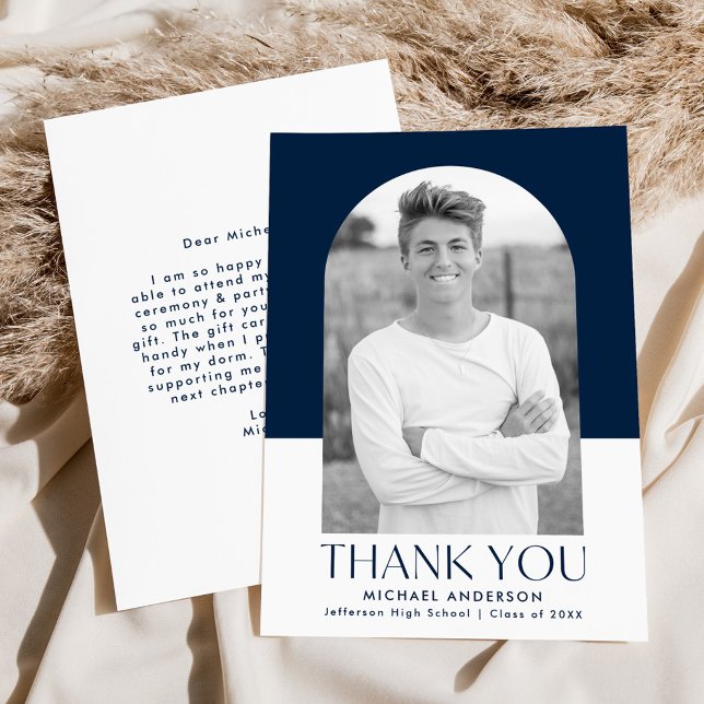 Modern Arch Navy Färg Block Photo Studenten Tack Kort (Skapare uppladdad)