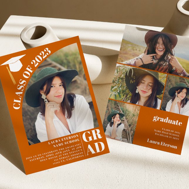 Modern Arch orange 5 foton studenten Inbjudningar (Skapare uppladdad)