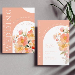 Modern Arch Orange Peach Blommigt Bröllop Inbjudningar