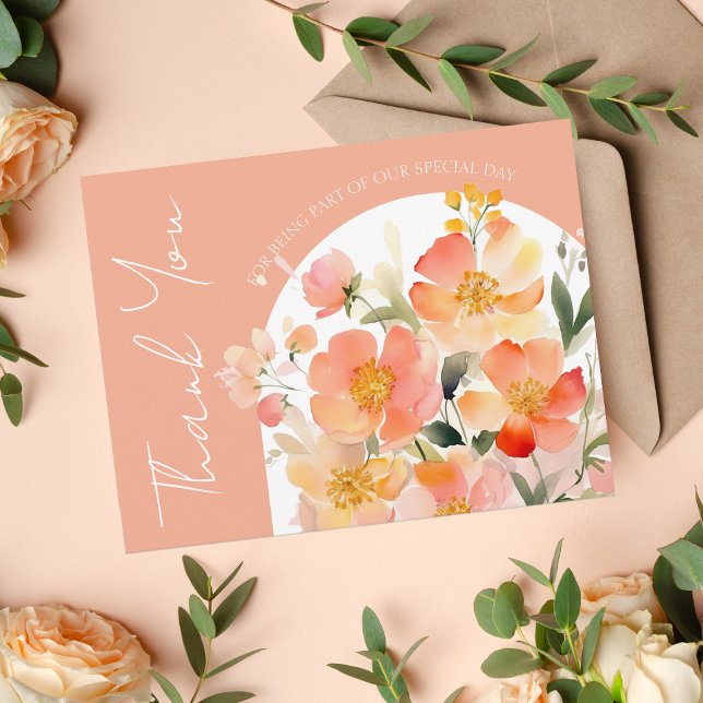Modern Arch Orange Peach Blommigt Bröllop Tack Kort (Skapare uppladdad)