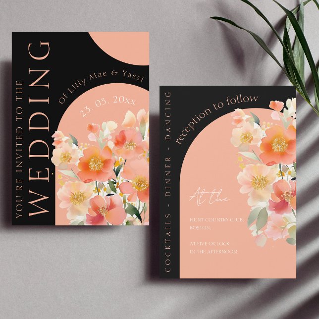 Modern Arch Orange Peach och Black Blommigt Bröllo Inbjudningar (Skapare uppladdad)