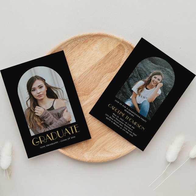 Modern Arch Photo Black & Guld Studentfest Inbjudningar (Skapare uppladdad)