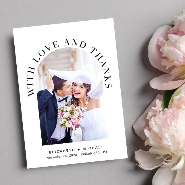 Modern Arch Photo Bröllop Tack Kort (Celebrate your love story with a thank you card showcasing your photo in an elegant arch frame)