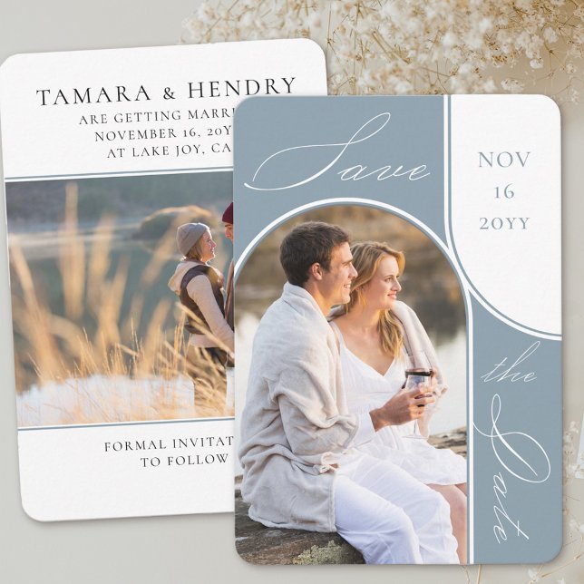 Modern Arch Photo Elegant Calligraphy Dusty Blue Spara Datumet (Save the Date with modern arch photo and a second picture on the back)