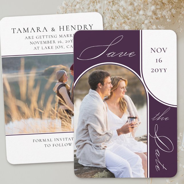 Modern Arch Photo Elegant Calligraphy Lila Spara Datumet (Save the Date with modern arch photo and a second picture on the back. 
)