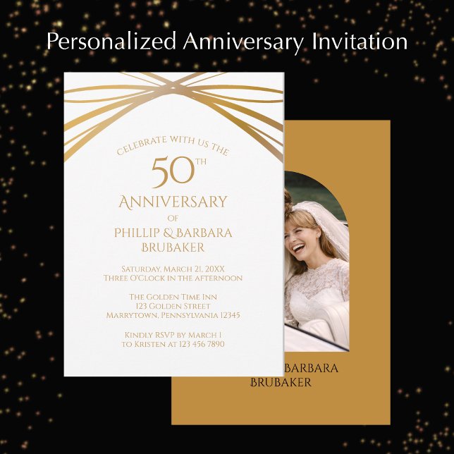 Modern Arch Photo Golden 50th Anniversary Party Inbjudningar (Personalize these elegant arch photo Golden 50th wedding anniversary invitations.
)