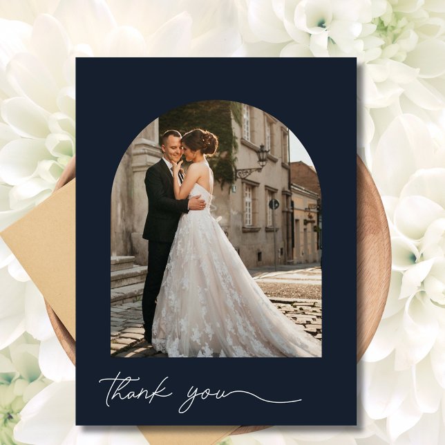 Modern Arch Photo Navy Bröllop Tack Vykort (Modern Arch Photo Navy Wedding Thank You Postcard)