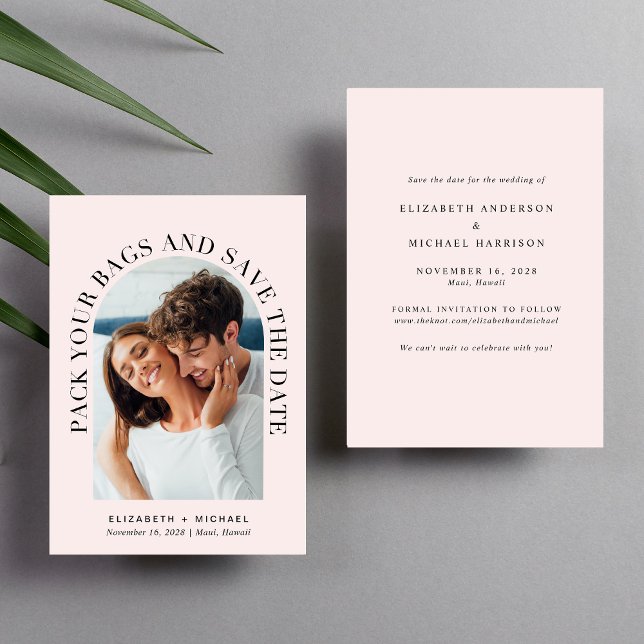 Modern Arch Photo Rosa Destination Wedding Spara Datumet (Celebrate your love story with a save the date showcasing your photo in an elegant arch frame)