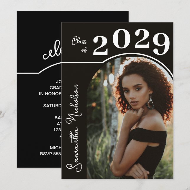 Modern Arch Photo Studenten Black Inbjudningar (Fram/baksida)