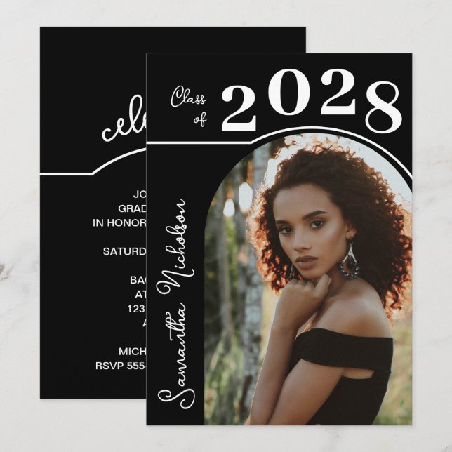 Modern Arch Photo Studenten Black Inbjudningar (Fram/baksida)