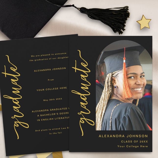 Modern Arch Photo Studenten Meddelande (Modern elegant arch photo white and gold script graduation announcement card)
