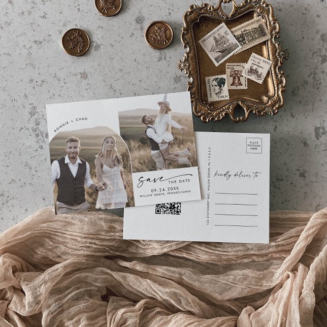 Modern Arch QR-kod 2 Foto Spara datum Inbjudan Vykort (Skapare uppladdad)