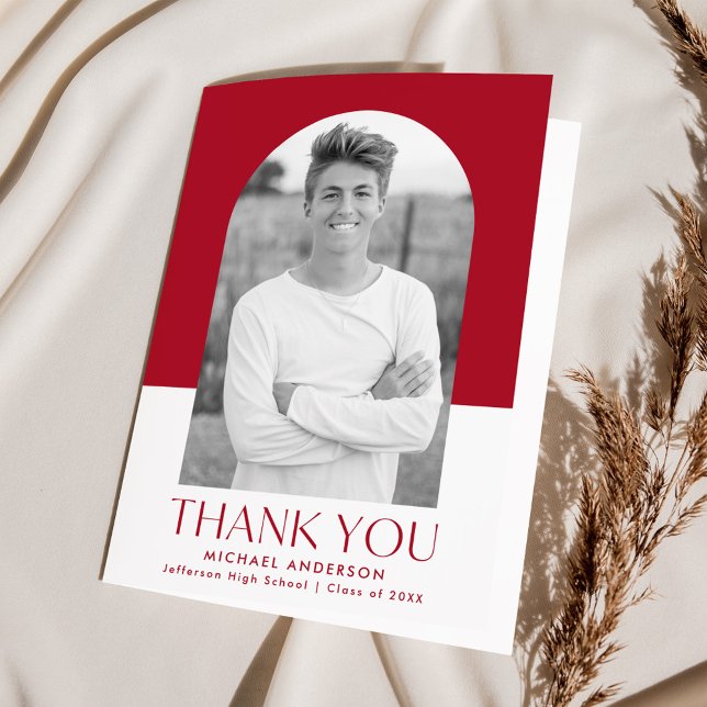 Modern Arch Red Färg Block Photo Studenten Tack Kort (Skapare uppladdad)