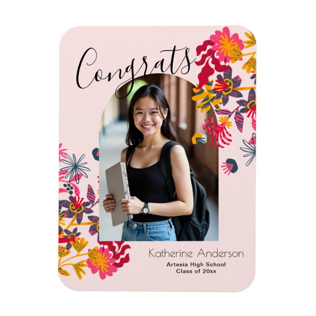 Modern Arch Rosa Blommigt Photo Studenten Magnet (Vertikal)