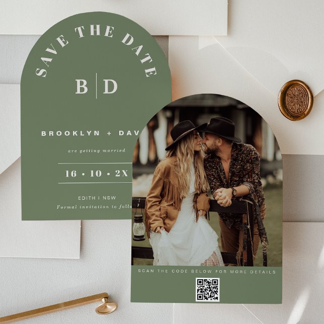 Modern Arch Sage Bröllop spara datum-kort Inbjudningar (Modern Arch Sage Save The Date Card, Couples Photo, QR Code, Sage Arch Wedding Save The Date Card)