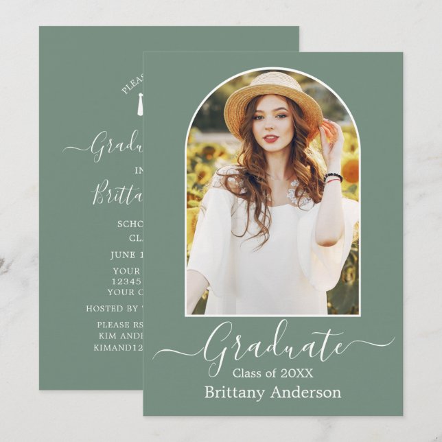 Modern Arch Sage Grönt Studentfest Inbjudningar (Fram/baksida)