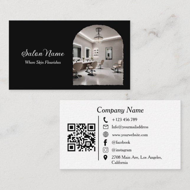 Modern Arch Salon Spa QR Code Black White Visitkort (Fram/baksida)